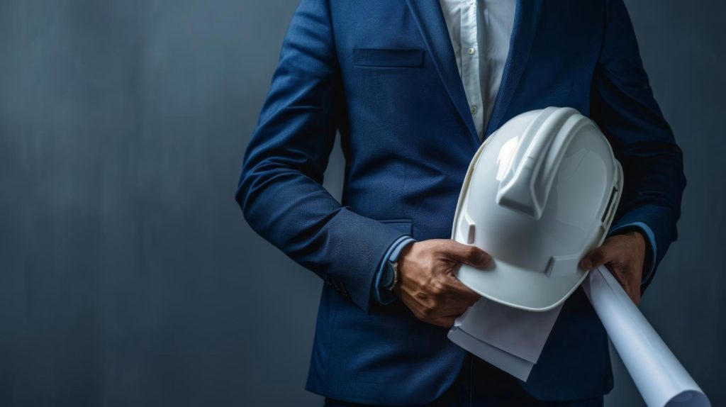 Person in blue suit holding white hard hat and rolled blueprints.
