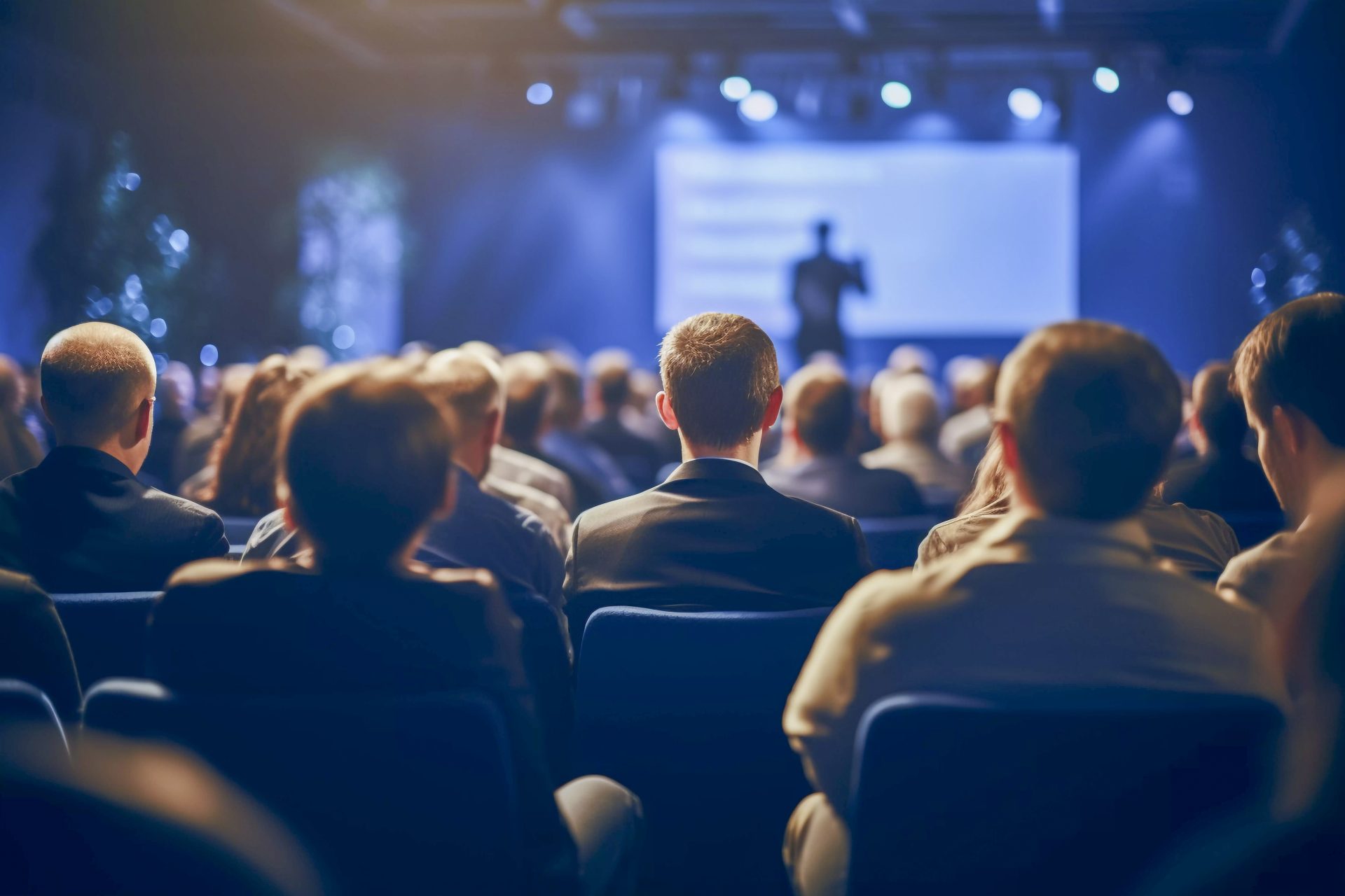 Audience seated in a dimly lit auditorium watching a presentation on stage.