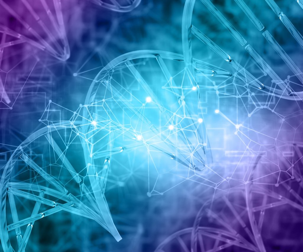 DNA double helix structure with glowing nodes and abstract network patterns in blue and purple hues.