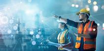Construction workers in safety gear pointing at holographic data display