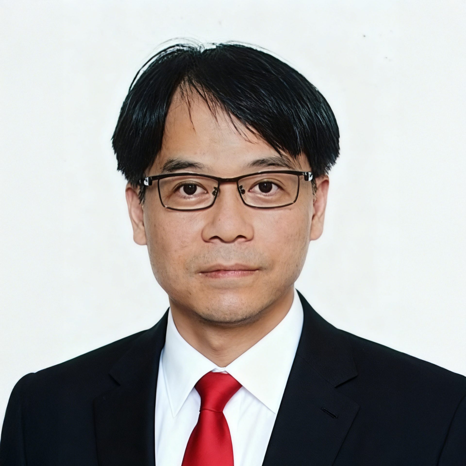 Man with glasses wearing a suit and red tie
