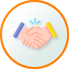 Two hands shaking within an orange circle, symbolizing mediation or agreement.