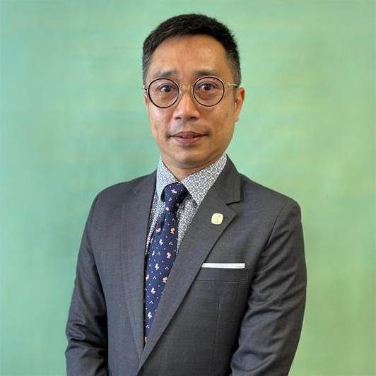 Professional man in suit and glasses against green background