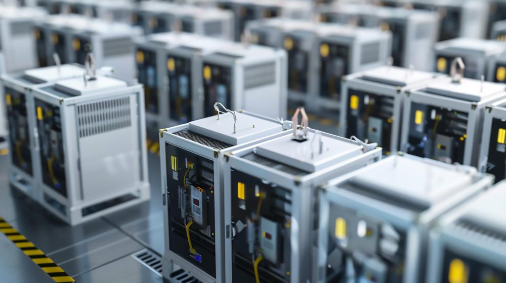 Rows of server racks in data center with glowing indicators and cooling vents.
