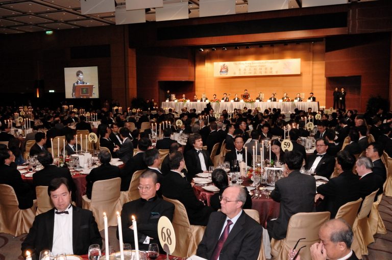 Formal banquet attendees in tuxedos at Hong Kong Institution of Engineers 34th Annual Dinner.