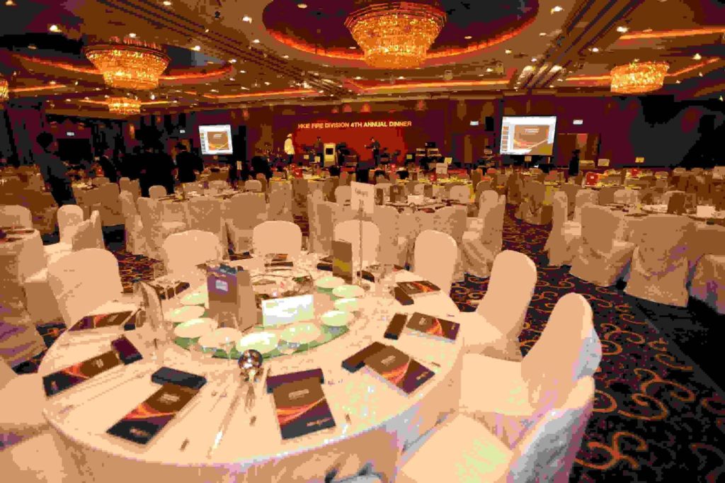 Banquet hall with tables and chandeliers