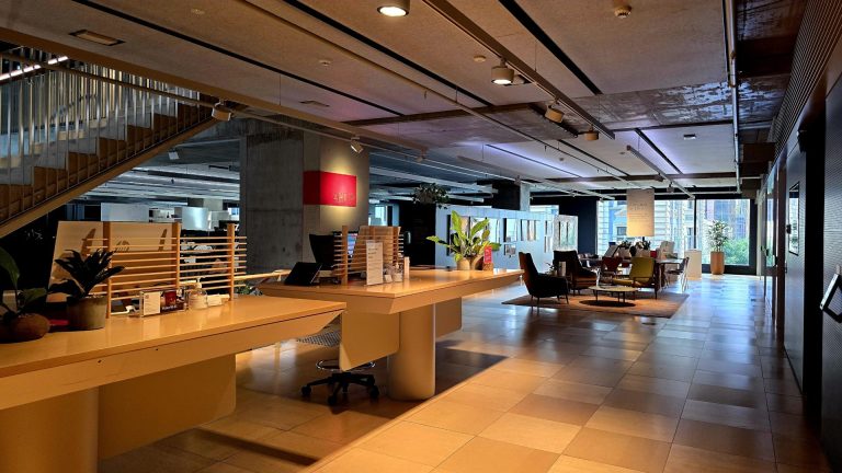 Modern office interior with wooden desks, chairs, plants, and exposed ceiling beams.