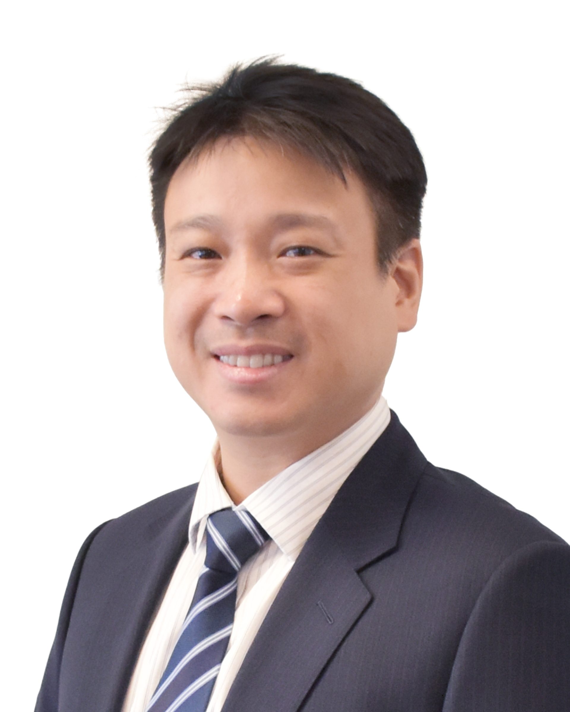 Smiling man in suit and striped tie against white background
