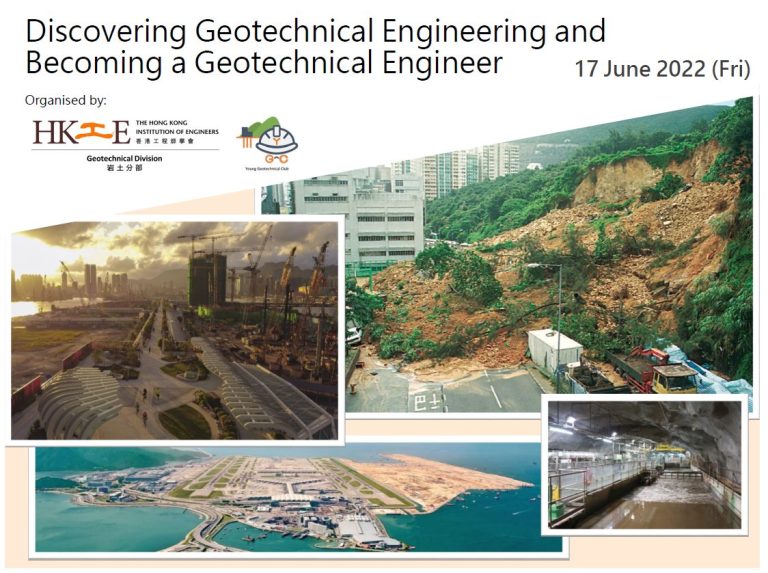 Collage showcasing geotechnical engineering projects including construction sites, landslides, and underground infrastructure.