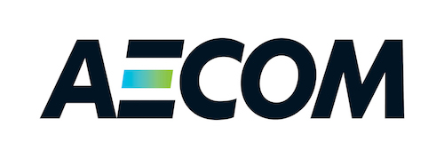 AECOM logo featuring bold black letters with a blue-to-green gradient bar replacing the letter E.