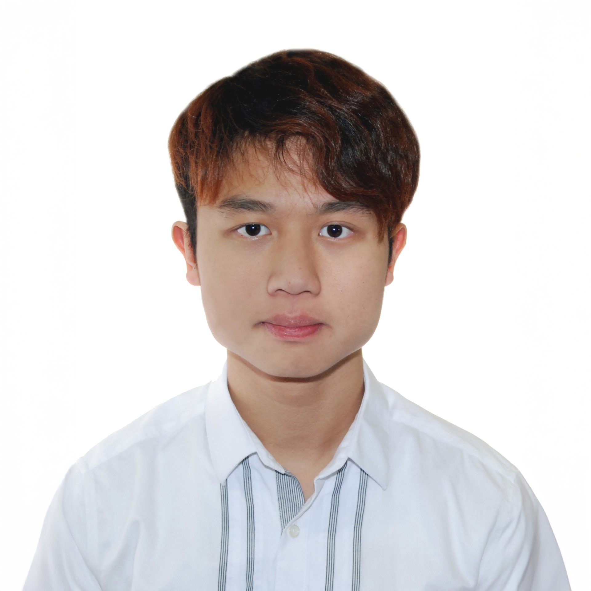 Portrait of a young man with brown hair wearing a white collared shirt.