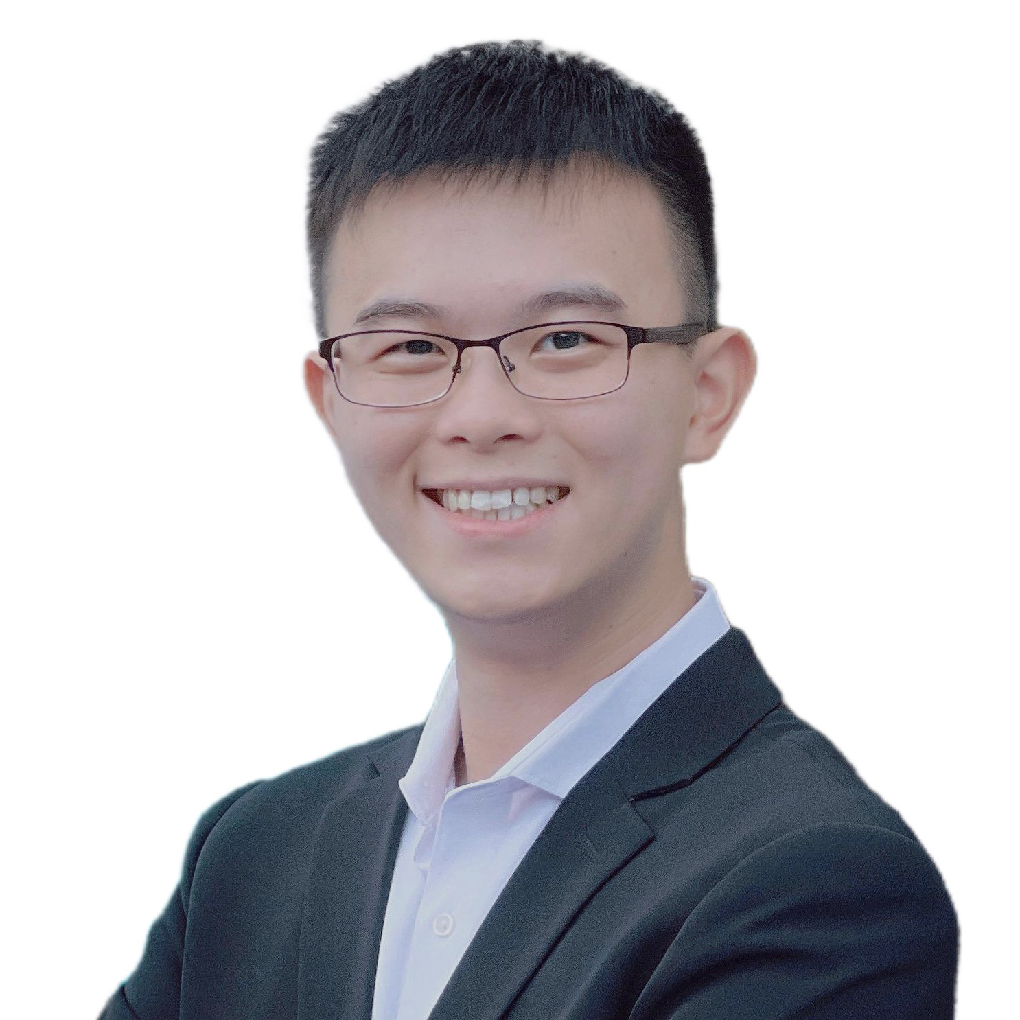 Smiling young man wearing glasses and a suit jacket over a collared shirt.