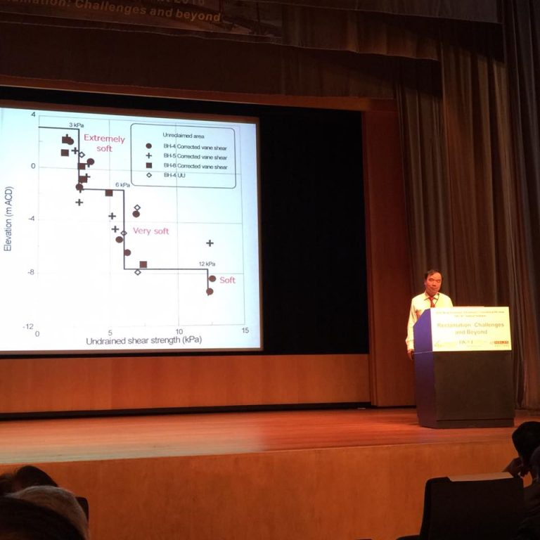 Speaker presenting soil shear strength data chart at conference stage.