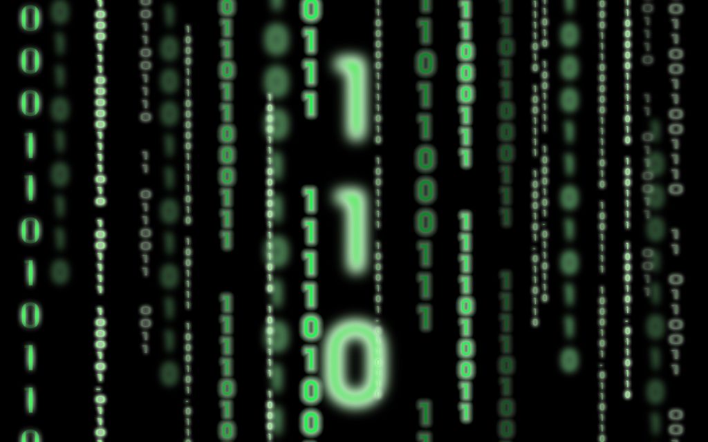 Green binary code falling vertically against black background, with large glowing digits in center.