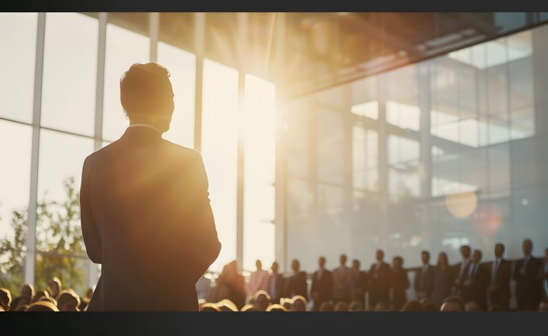 Businessman presenting to audience in sunlit conference hall