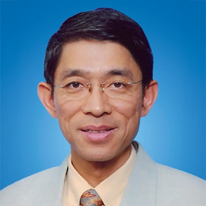 Portrait of Joseph Chi Wuh Jian, smiling man with glasses against blue background