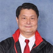 Portrait of Wong Yiu Man wearing black jacket with red collar and red tie.