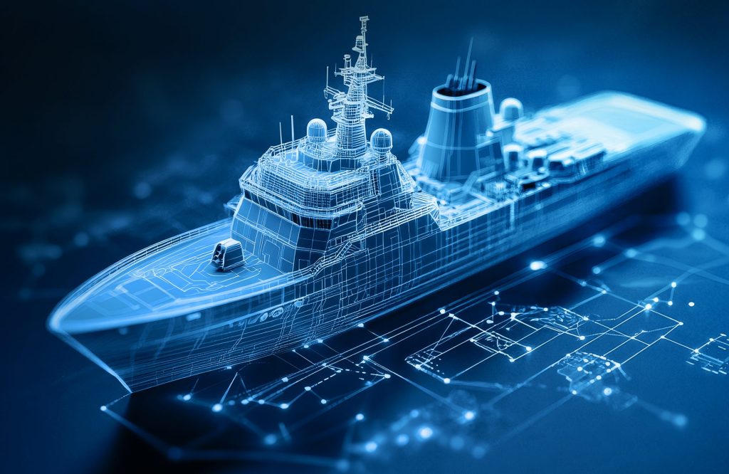 Digital wireframe model of a modern naval warship on a technological blueprint background.