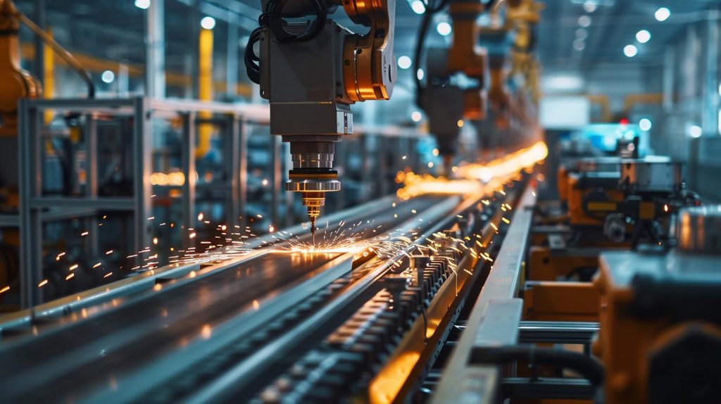 Industrial robotic arm cutting metal, sparks flying in factory setting