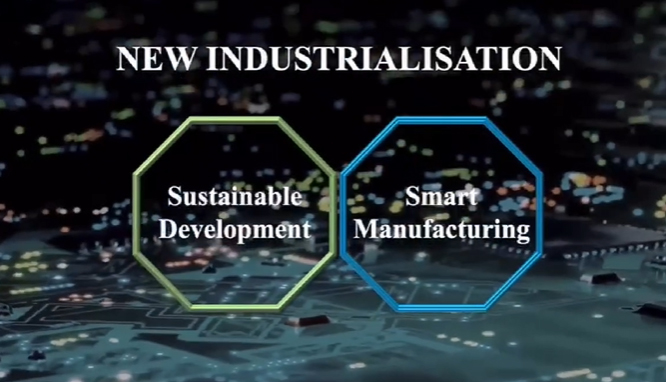 Sustainable development and smart manufacturing highlighted against cityscape background.