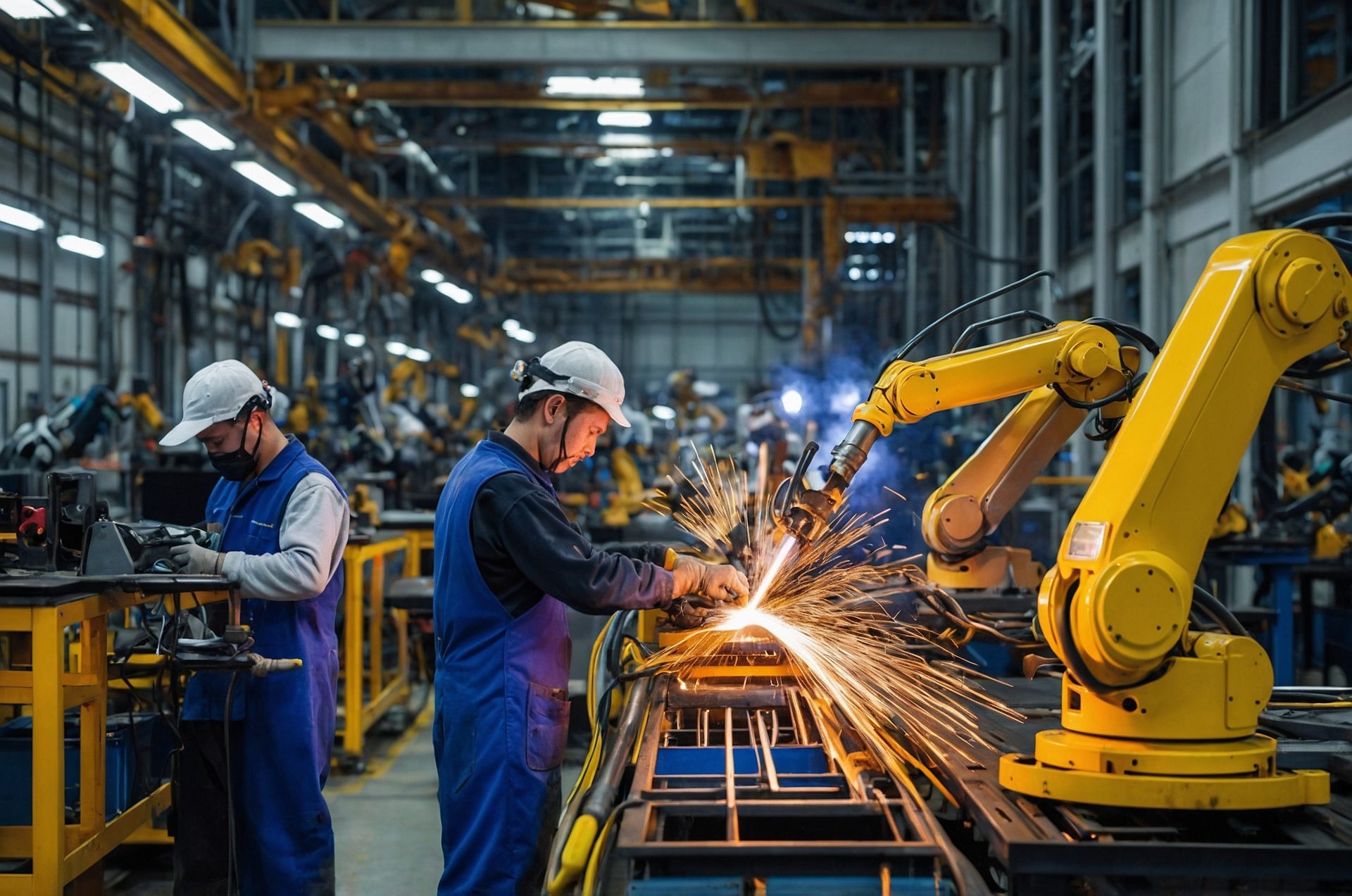 Workers and robotic arms welding in an automotive factory with sparks flying.
