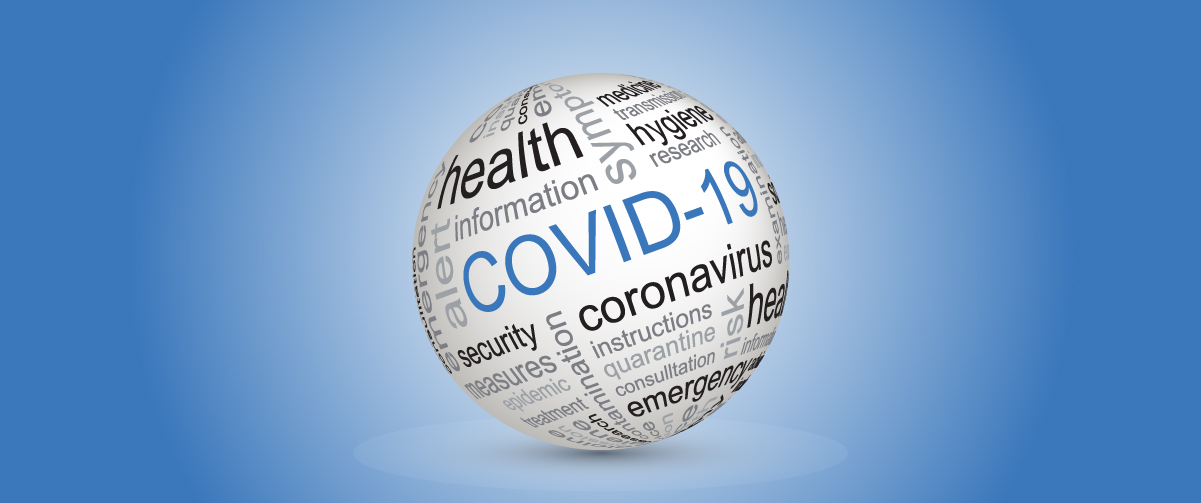 Sphere displaying COVID-19 and related health terms against blue gradient background.