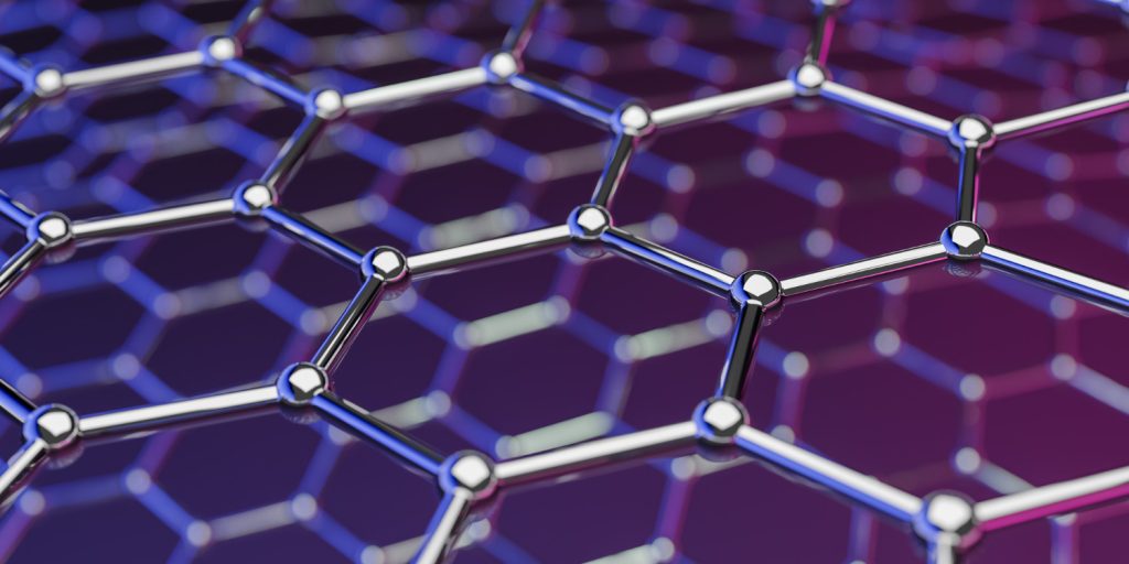 Hexagonal grid network with metallic nodes and blue purple gradient background