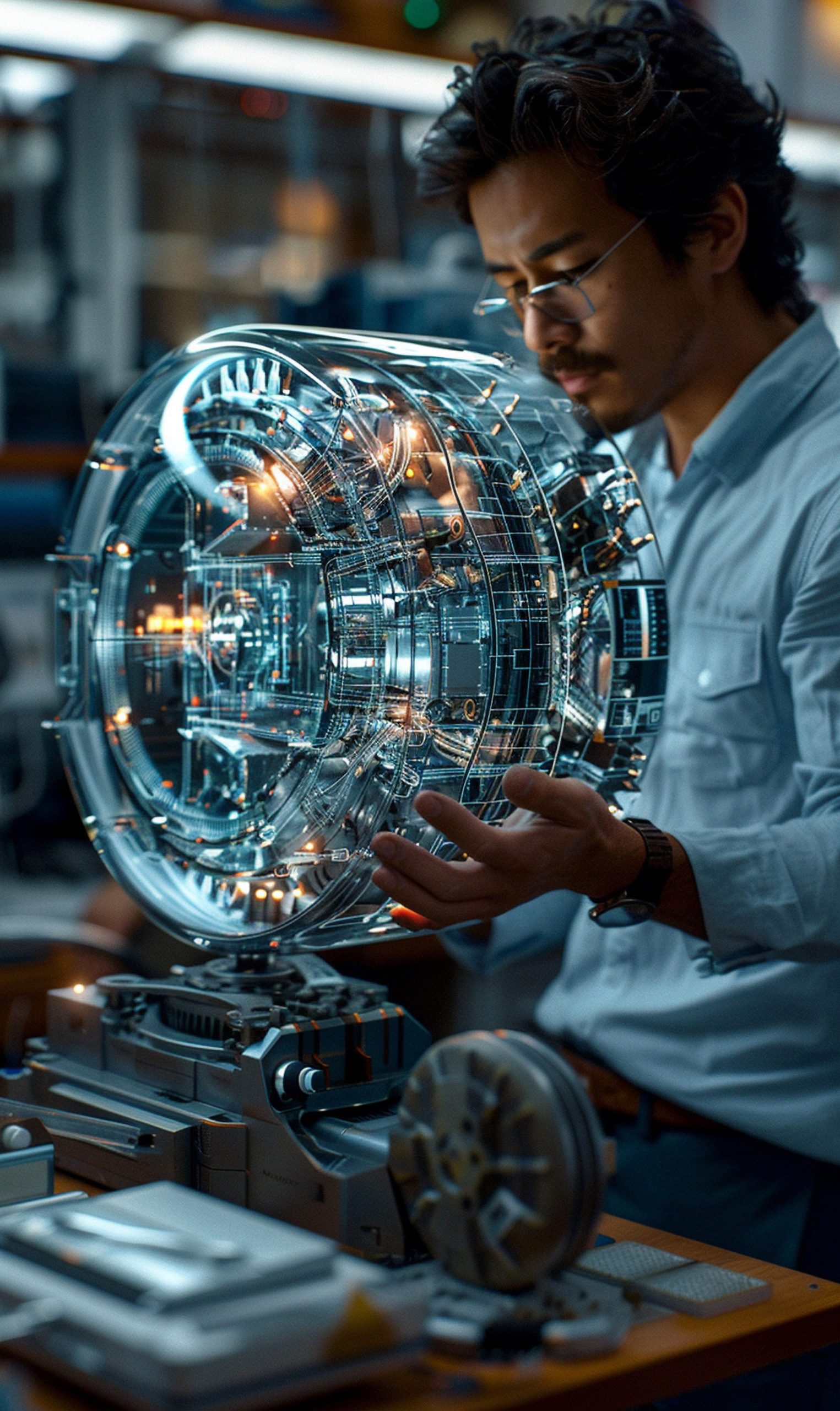 Scientist examines glowing, intricate futuristic time machine prototype in lab.