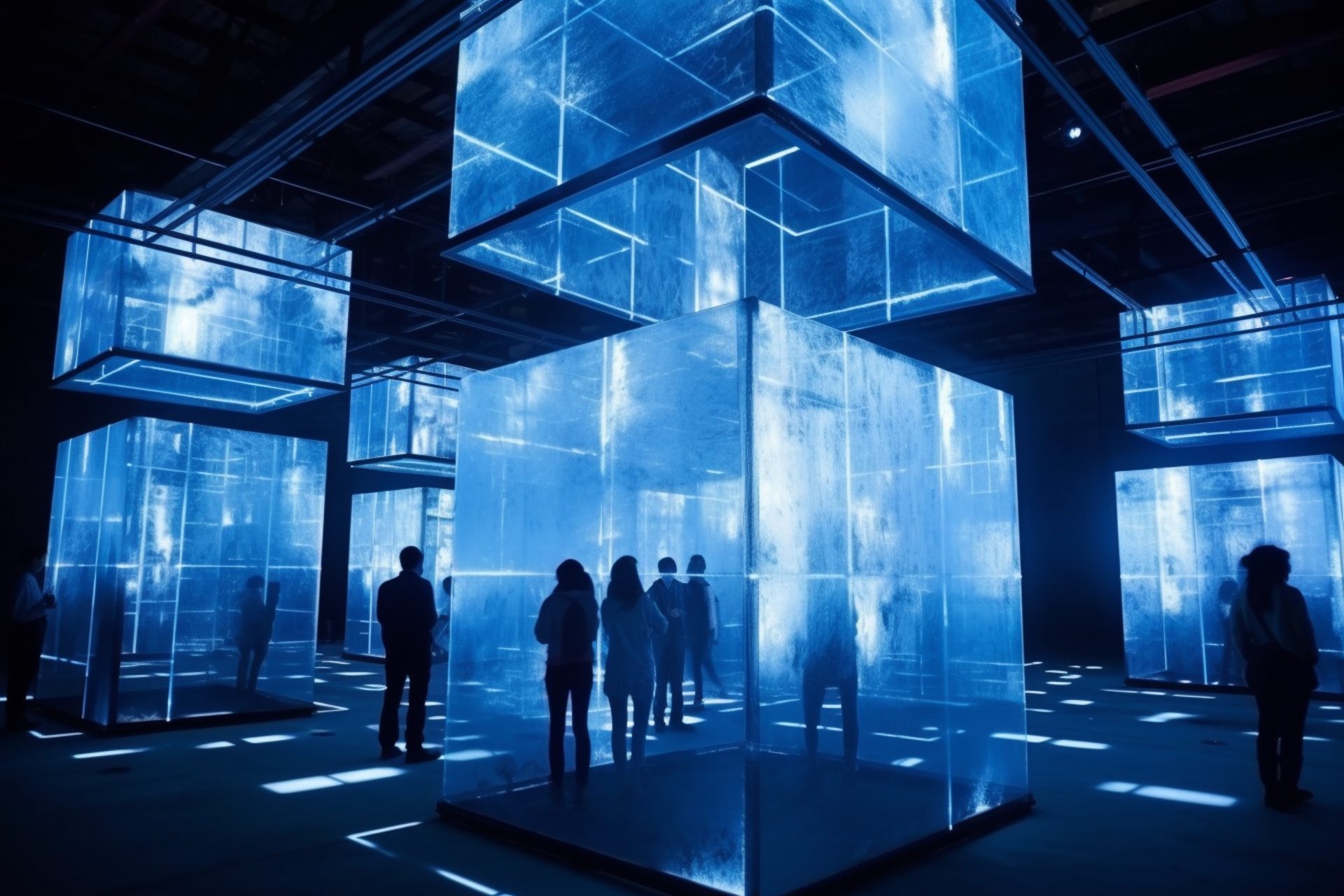 Visitors explore glowing blue cube installations in a modern art exhibition space.