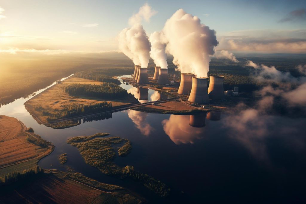 Aerial view of nuclear power plant cooling towers emitting steam over a river at sunrise.