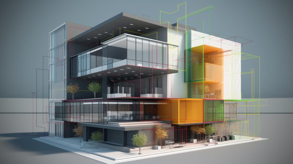 Modern building architectural blueprint with colored structural outlines and transparent sections.