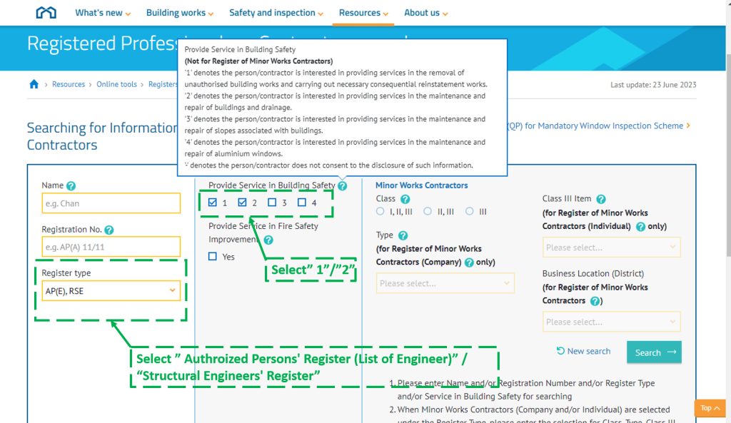 Form for searching registered professionals with highlighted fields and selection instructions.