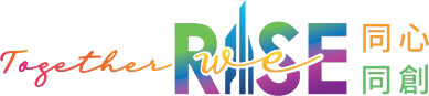 Together we RISE logo with Chinese characters 同心同創