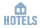 "Blue house icon above the word ""HOTELS"" indicating hotel search or booking"