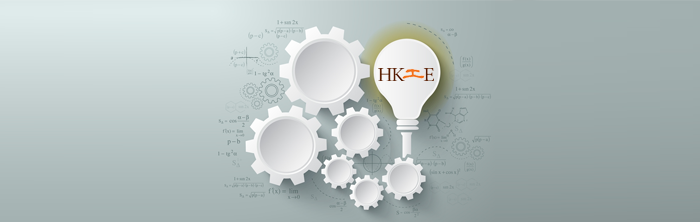 "Lightbulb with ""HK-E"" logo surrounded by interconnected gears and mathematical formulas."